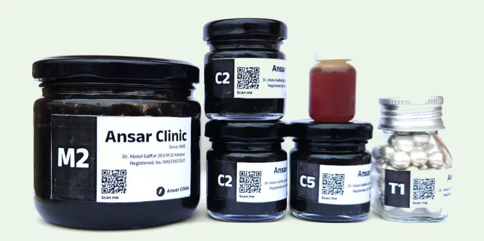 Ansar Clinic ki dawa ke jars: M2, C2, C5 aur T1 label ke saath